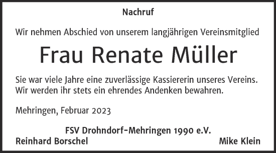 Traueranzeige von Renate Müller von Trauerkombi Aschersleben