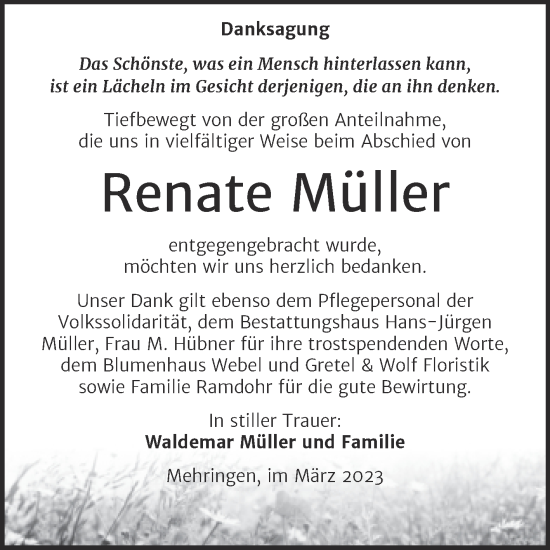 Traueranzeige von Renate Müller von Trauerkombi Aschersleben