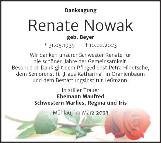 Traueranzeige von Renate Nowak von Trauerkombi Wittenberg