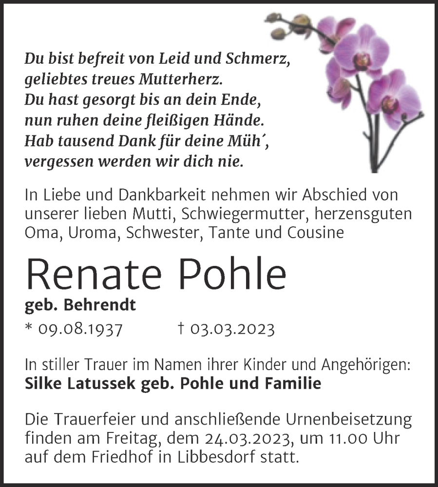  Traueranzeige für Renate Pohle vom 09.03.2023 aus Trauerkombi Köthen