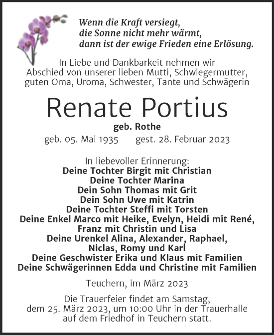 Traueranzeige von Renate Portius von Trauerkombi Weißenfels