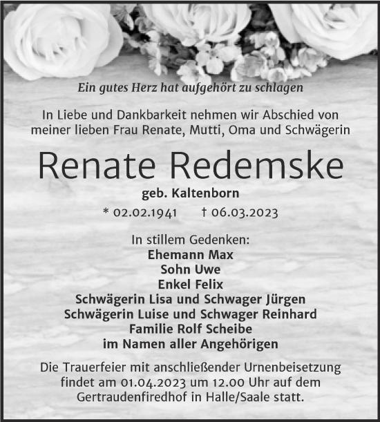 Traueranzeige von Renate Redemske von Mitteldeutsche Zeitung Halle/Saalkreis