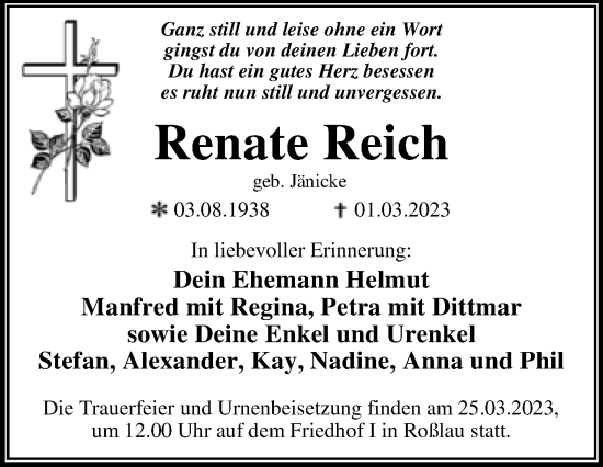 Traueranzeige von Renate Reich von Trauerkombi Dessau