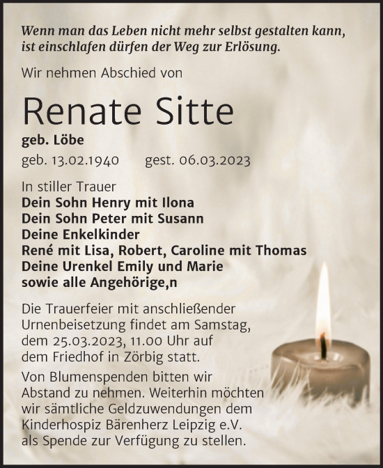 Traueranzeige von Renate Sitte von Trauerkombi Bitterfeld