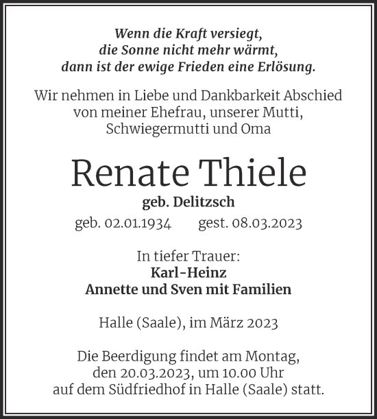 Traueranzeige von Renate Thiele von Mitteldeutsche Zeitung Halle/Saalkreis