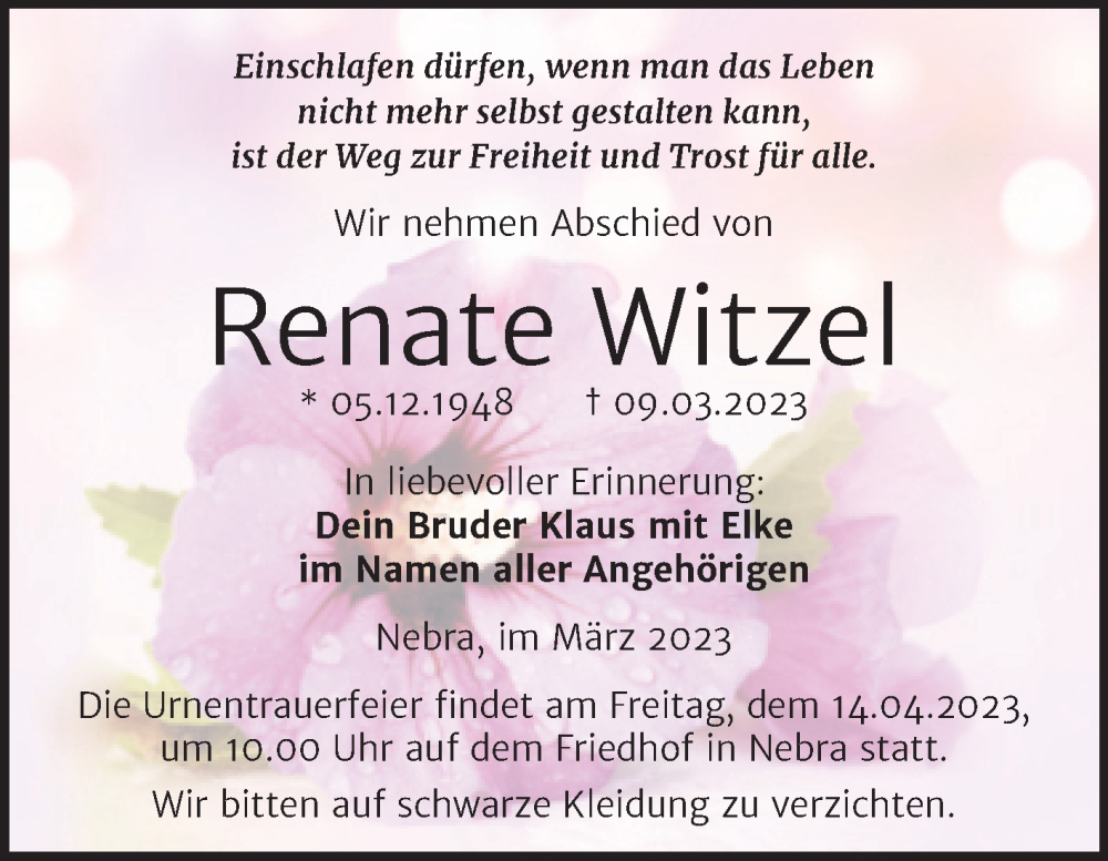 Traueranzeige für Renate Witzel vom 22.03.2023 aus Wochenspiegel Naumburg/Nebra