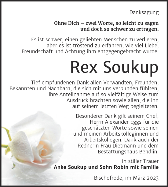 Traueranzeige von Rex Soukup von Trauerkombi Mansfelder Land