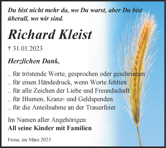 Traueranzeige von Richard Kleist von Trauerkombi Aschersleben