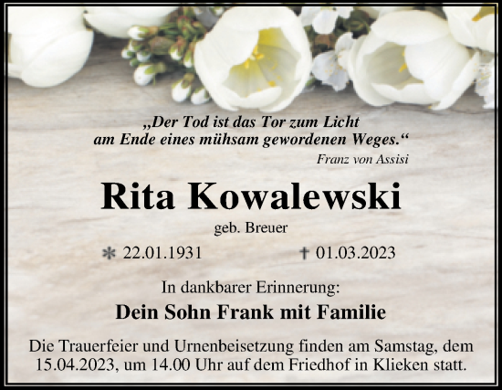 Traueranzeige von Rita Kowalewski von Trauerkombi Aschersleben