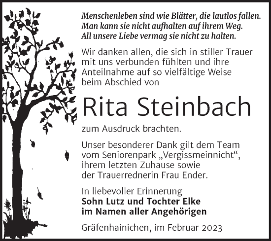 Traueranzeige von Rita Steinbach von Trauerkombi Wittenberg