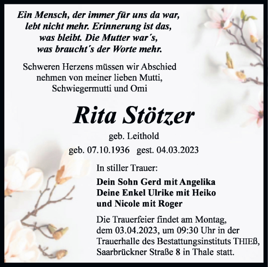 Traueranzeige von Rita Stötzer von Trauerkombi Quedlinburg