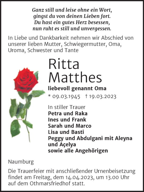 Traueranzeige von Ritta Matthes von Naumburger Tageblatt