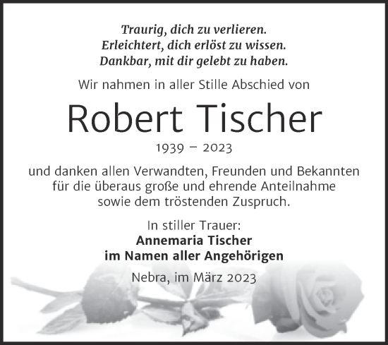 Traueranzeige von Robert Tischer von Wochenspiegel Naumburg/Nebra