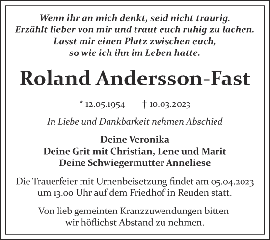 Traueranzeige von Roland Andersson-Fast von Trauerkombi Bitterfeld