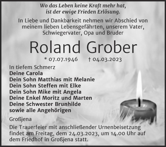 Traueranzeige von Roland Grober von Wochenspiegel Naumburg/Nebra