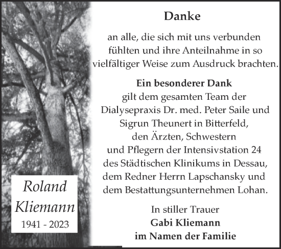 Traueranzeige von Roland Kliemann von Trauerkombi Bitterfeld