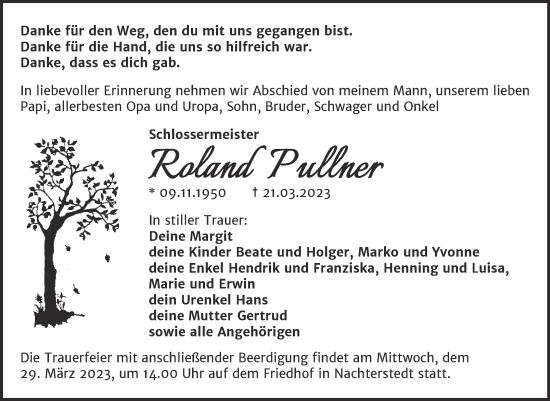 Traueranzeige von Roland Pullner von Trauerkombi Aschersleben