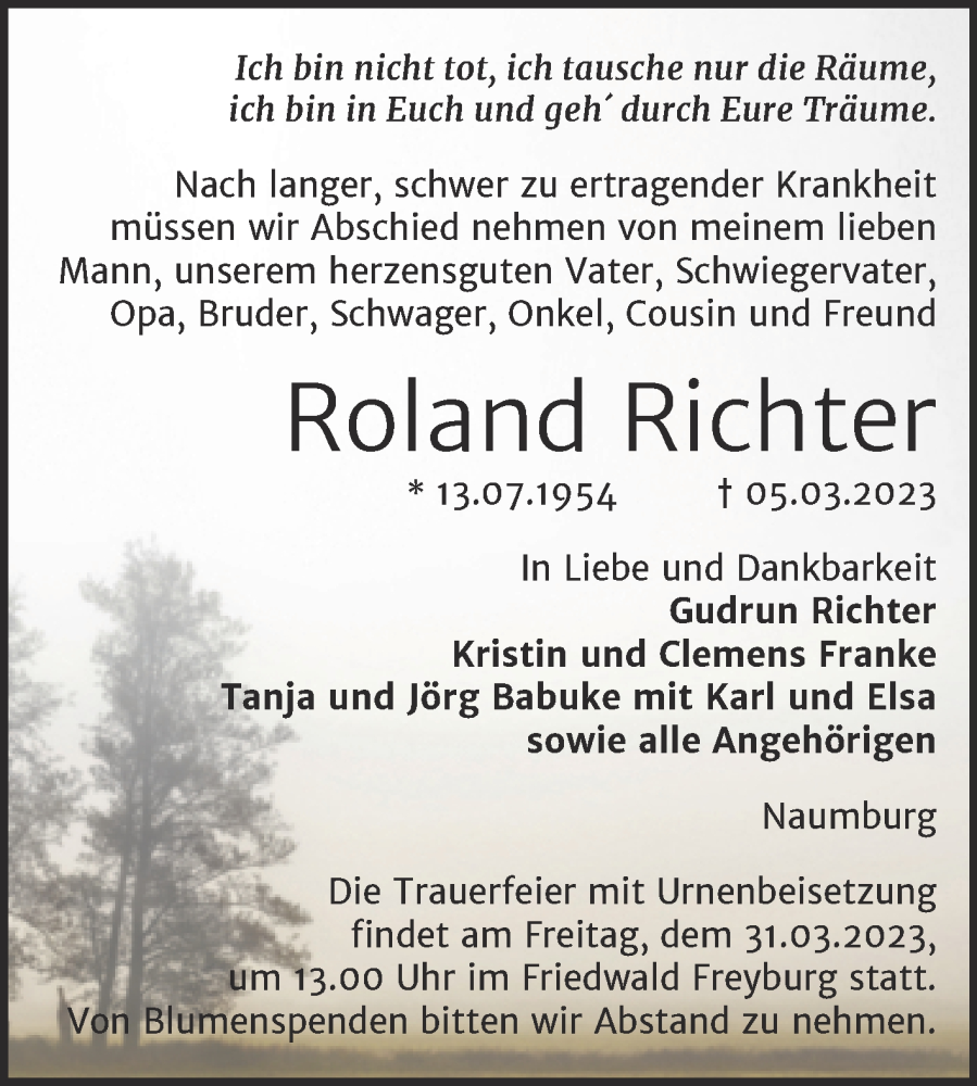  Traueranzeige für Roland Richter vom 11.03.2023 aus Naumburger Tageblatt