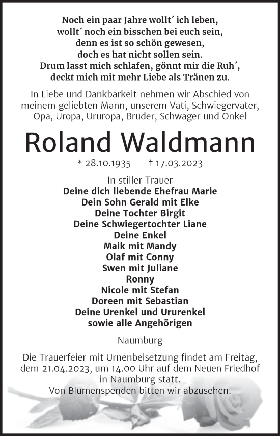 Traueranzeige von Roland Waldmann von Wochenspiegel Naumburg/Nebra