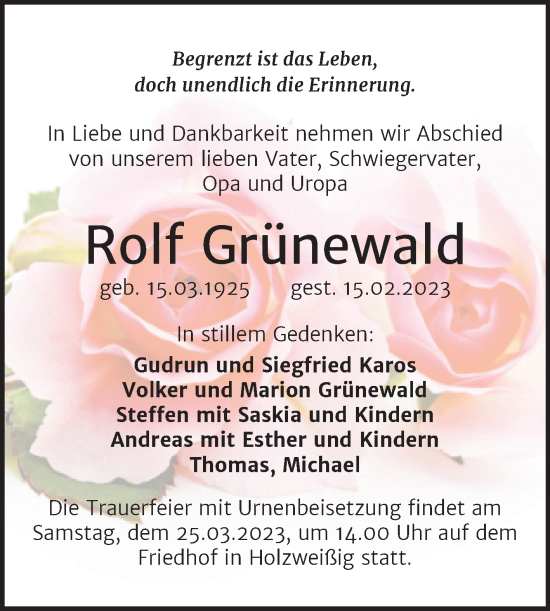 Traueranzeige von Rolf Grünewald von Trauerkombi Bitterfeld