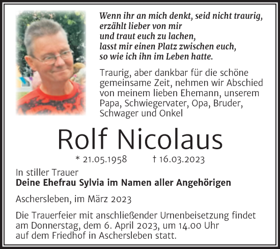 Traueranzeige von Rolf Nicolaus von Trauerkombi Aschersleben