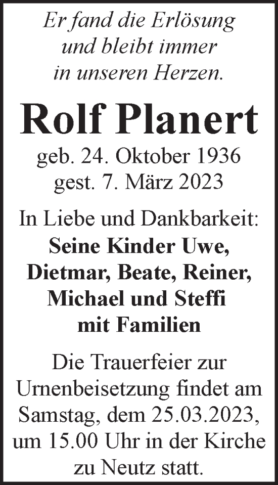 Traueranzeige von Rolf Planert von Mitteldeutsche Zeitung Halle/Saalkreis