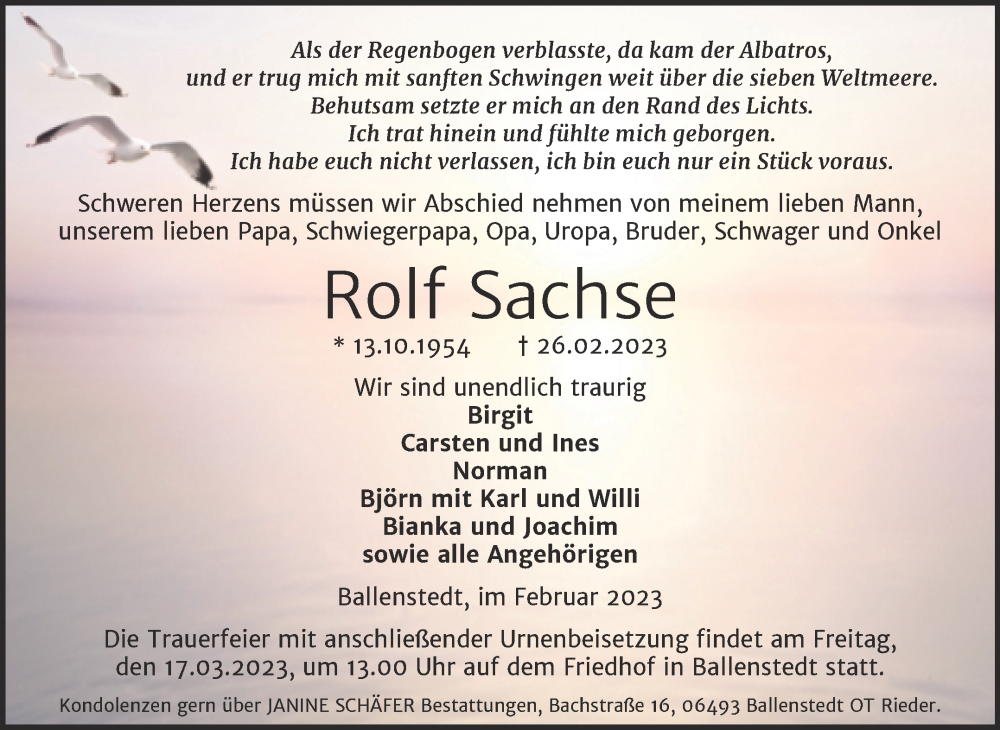  Traueranzeige für Rolf Sachse vom 11.03.2023 aus Trauerkombi Quedlinburg