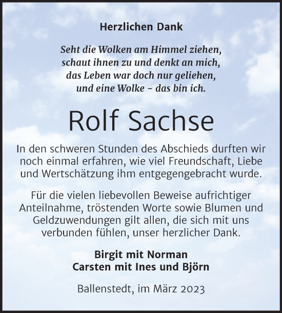 Traueranzeige von Rolf Sachse von Trauerkombi Quedlinburg