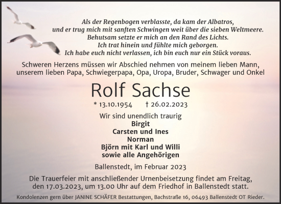 Traueranzeige von Rolf Sachse von Trauerkombi Quedlinburg