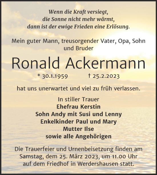 Traueranzeige von Ronald Ackermann von Trauerkombi Köthen
