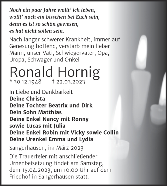 Traueranzeige von Ronald Hornig von Trauerkombi Sangerhausen