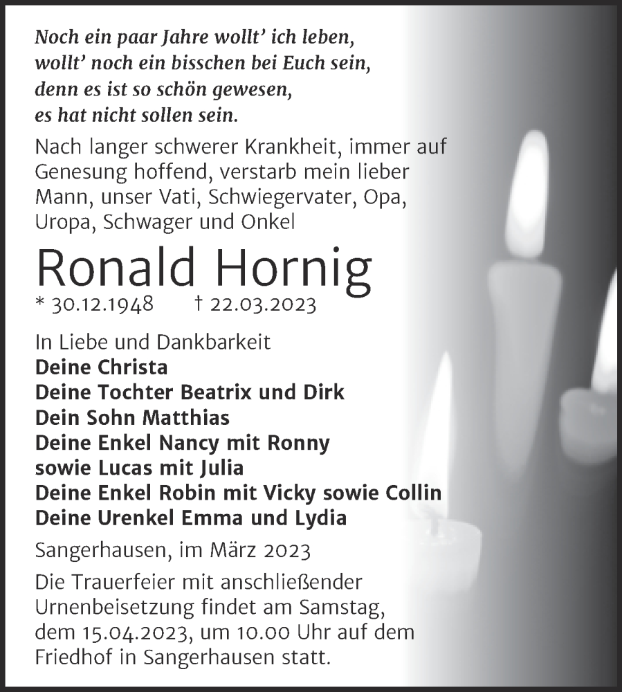  Traueranzeige für Ronald Hornig vom 28.03.2023 aus Trauerkombi Sangerhausen