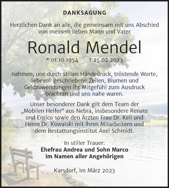Traueranzeige von Ronald Mendel von Wochenspiegel Naumburg/Nebra