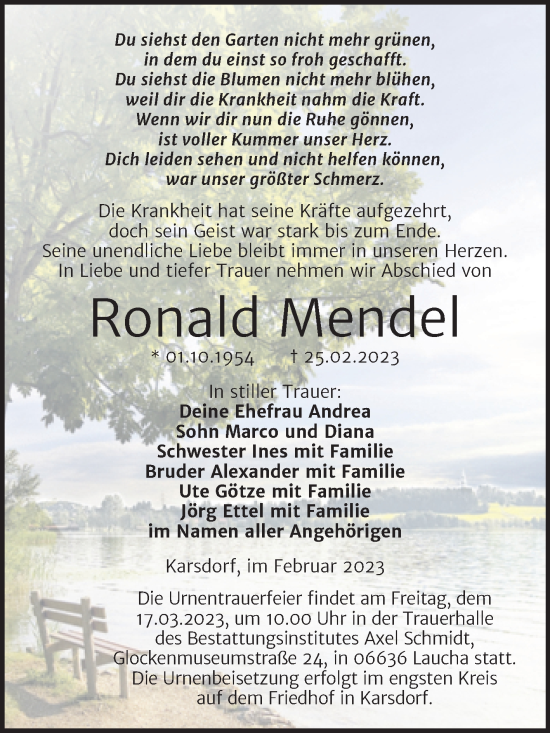 Traueranzeige von Ronald Mendel von Wochenspiegel Naumburg/Nebra