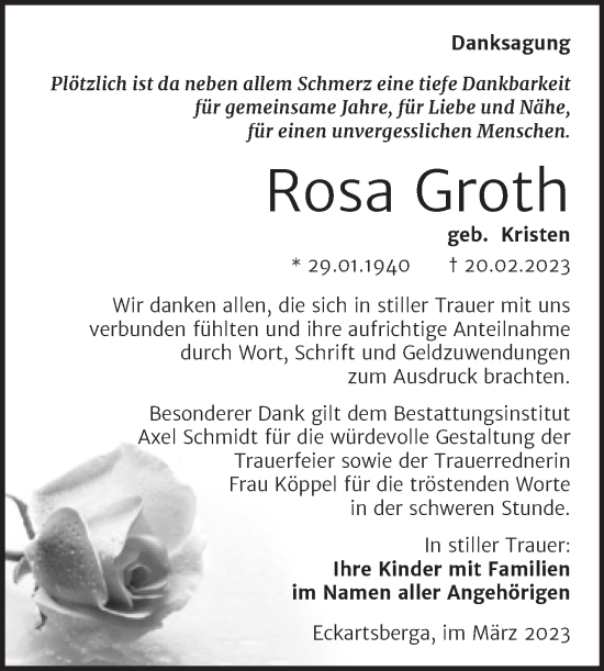 Traueranzeige von Rosa Groth von Wochenspiegel Naumburg/Nebra
