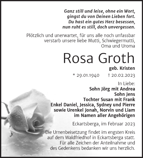 Traueranzeige von Rosa Groth von Wochenspiegel Naumburg/Nebra