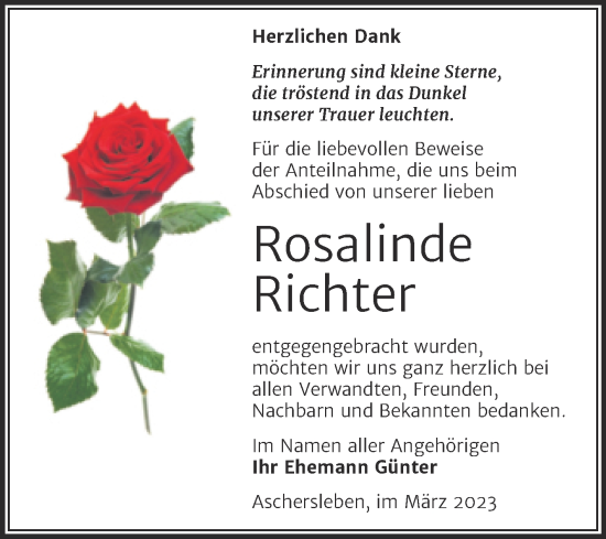 Traueranzeige von Rosalinde Richter von Trauerkombi Aschersleben
