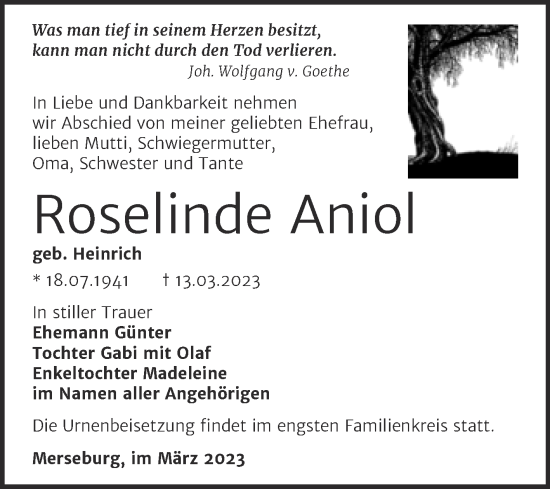 Traueranzeige von Roselinde Aniol von Trauerkombi Merseburg
