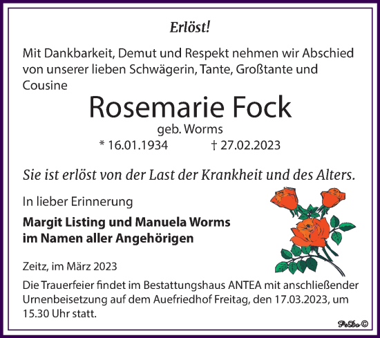 Traueranzeige von Rosemarie Fock von Trauerkombi Zeitz