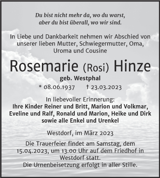 Traueranzeige von Rosemarie Hinze von Trauerkombi Aschersleben