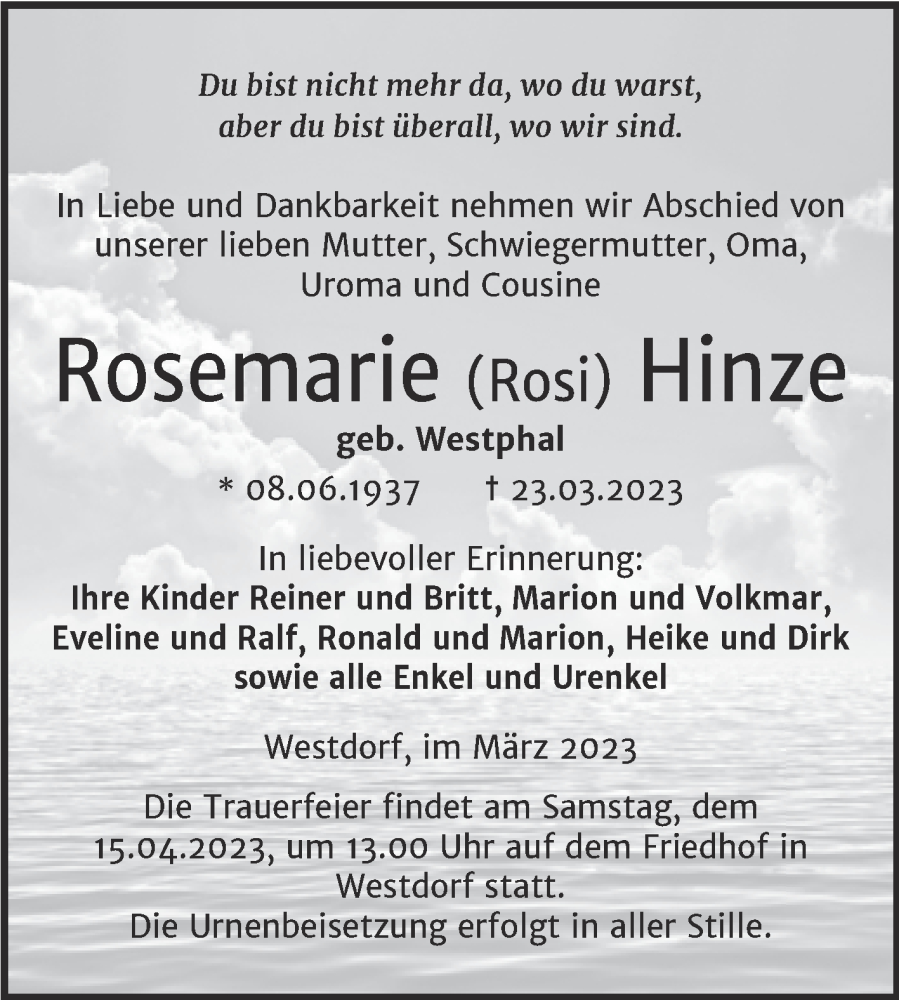  Traueranzeige für Rosemarie Hinze vom 31.03.2023 aus Trauerkombi Aschersleben