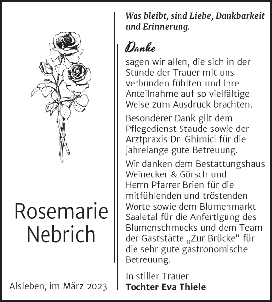 Traueranzeige von Rosemarie Nebrich von Trauerkombi Bernburg