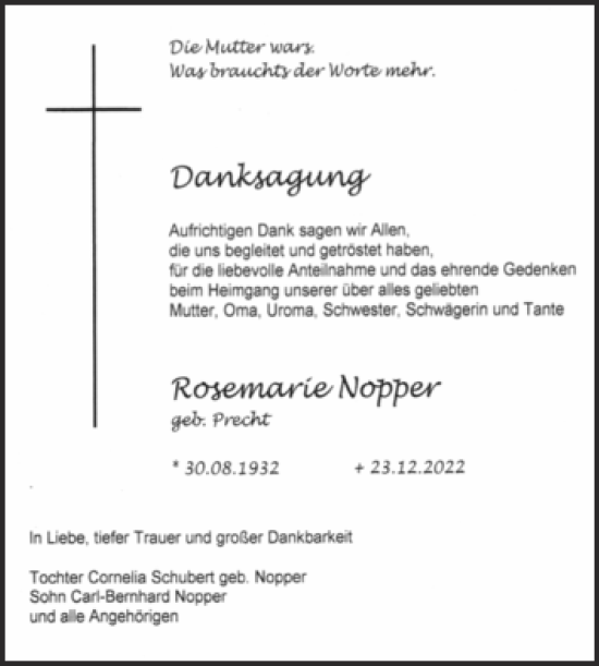 Traueranzeige von Rosemarie Nopper von Trauerkombi Weißenfels
