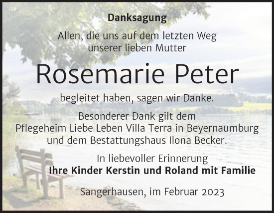 Traueranzeige von Rosemarie Peter von Trauerkombi Sangerhausen