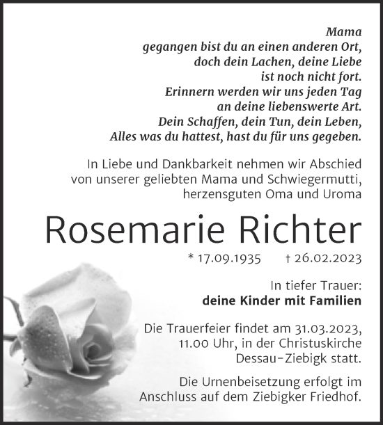 Traueranzeige von Rosemarie Richter von Trauerkombi Dessau