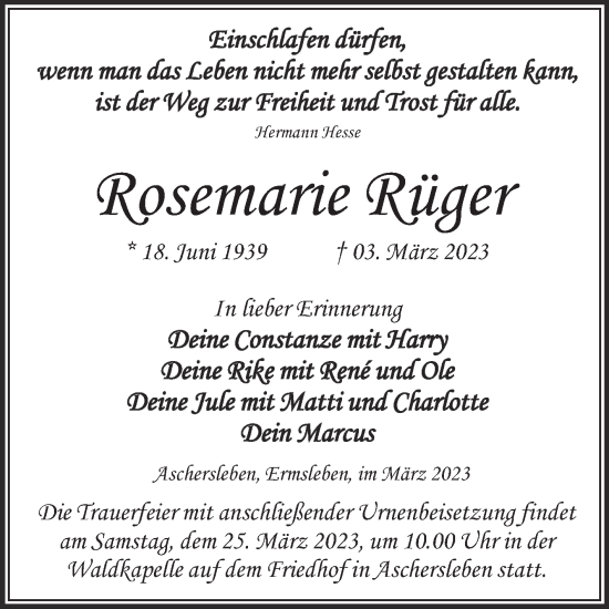 Traueranzeige von Rosemarie Rüger von Trauerkombi Aschersleben