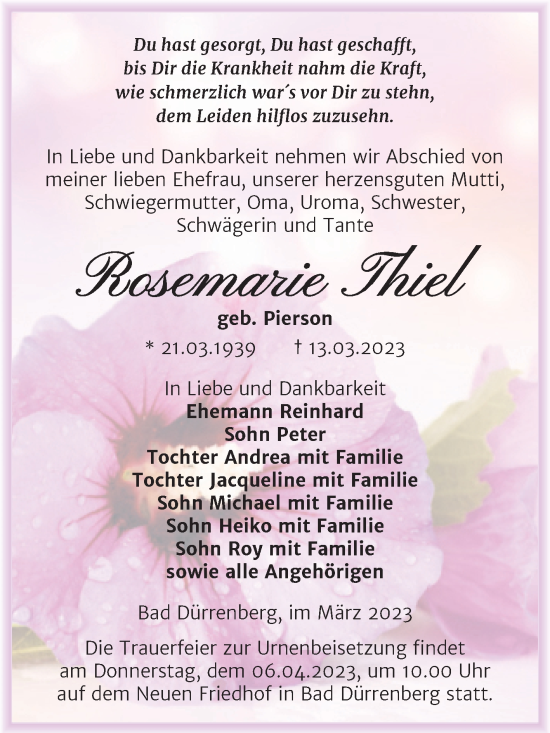 Traueranzeige von Rosemarie Thiel von Trauerkombi Merseburg