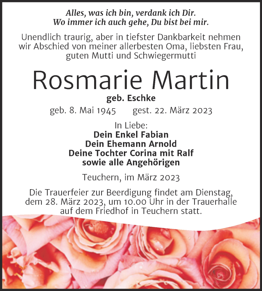  Traueranzeige für Rosmarie Martin vom 25.03.2023 aus Mitteldeutsche Zeitung Weißenfels