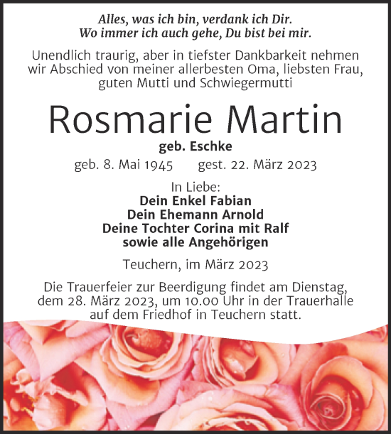 Traueranzeige von Rosmarie Martin von Mitteldeutsche Zeitung Weißenfels