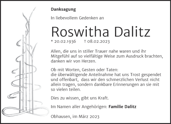 Traueranzeige von Roswitha Dalitz von Trauerkombi Merseburg
